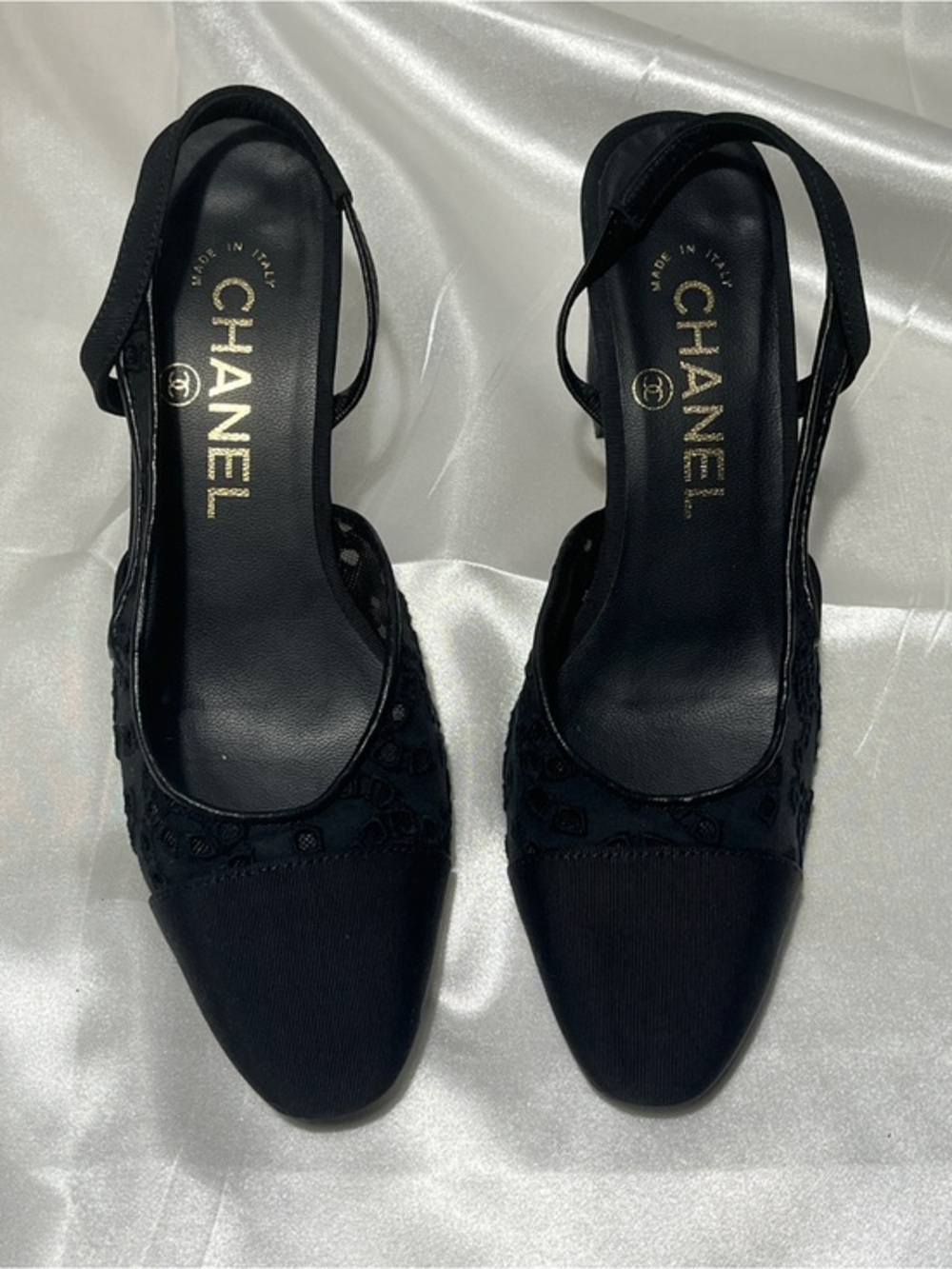 CHANEL Black Slingback Lace-Trim Pumps